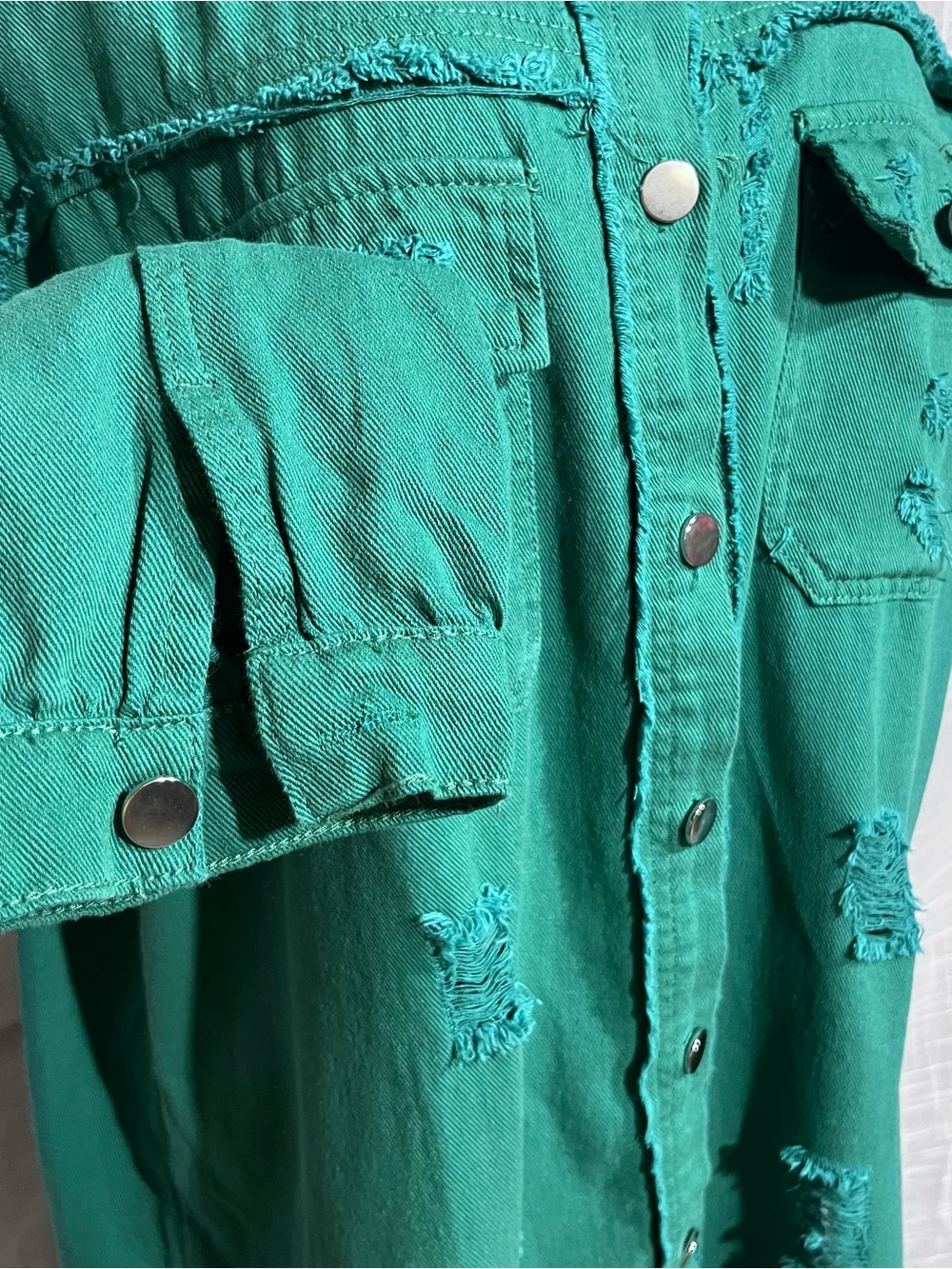 Distressed Green Button-Front Jean Jacket - Picture 8 of 14